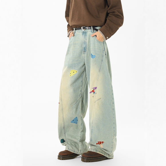 Streetwear Fun Patchwork Jeans Men Trendy Deconstructed Embroidered Knife Pants Clean Fit Washed Straight Leg Jeans