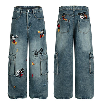 Embroidered Mid-Waist Denim Pants for Women with Multiple Pockets