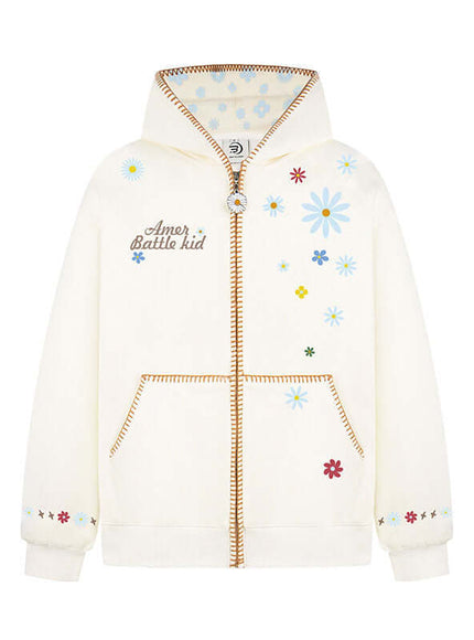 Apricot floral embroidery hooded sweatshirt with Grozavu logo