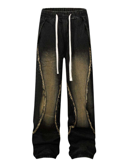 Retro Washed Distressed Patchwork Whisker Denim Pants