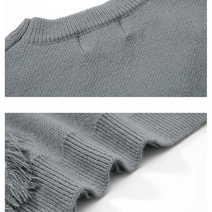 Fringe Patchwork Knit Sweater – Loose Fit close-up view showcasing textured details and fringe accents.