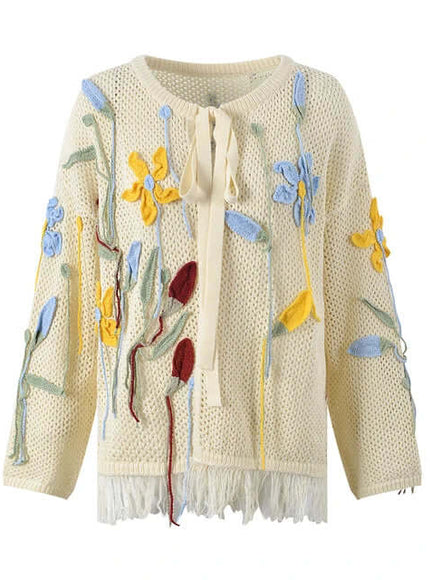 Close-up of Blue floral lace up knitted fabric