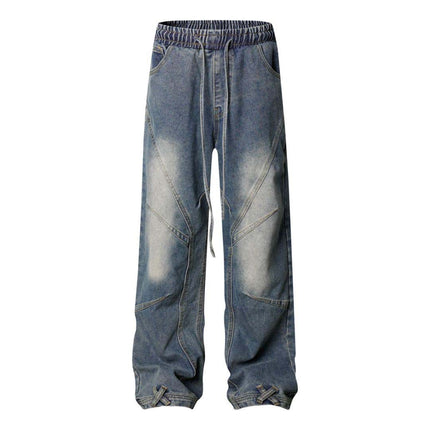 High Street  Washed Distressed Pleated Reverse Denim Pants Unisex Loose Wide Leg Straight Trousers