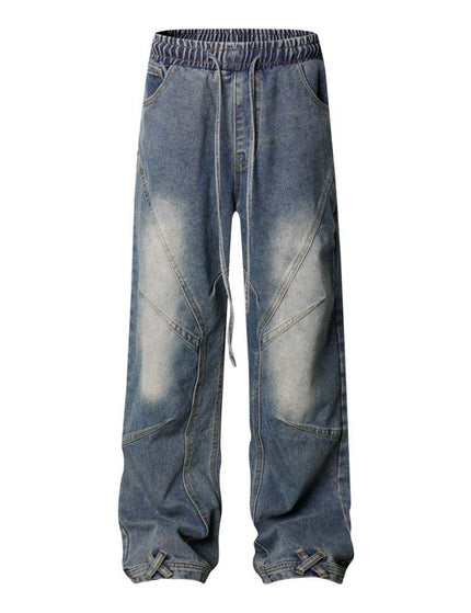 High Street  Washed Distressed Pleated Reverse Denim Pants Unisex Loose Wide Leg Straight Trousers
