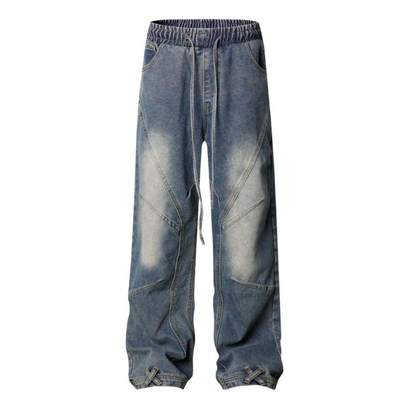 High Street  Washed Distressed Pleated Reverse Denim Pants Unisex Loose Wide Leg Straight Trousers