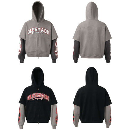 Faux Suede Print Zip-Up Hoodie – Loose Fit showcasing front and back views with unique design details.