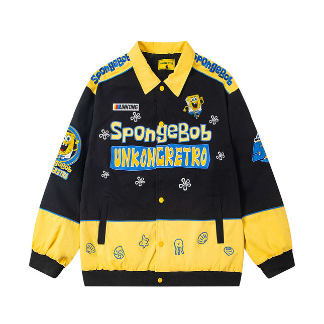 Casual Color Block Patchwork Baseball Jacket with Cartoon Embroidery, Loose Fit Moto Style for Men and Women