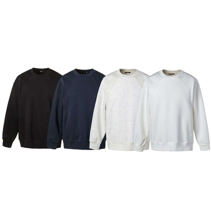 Round Neck Patchwork Pullover Hoodie in four colors: black, navy, grey, and white.