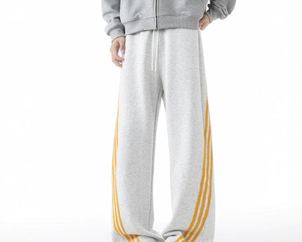 Heavyweight Track Pants for Men with Three-Stripe Pattern, Loose Straight Leg, Autumn Casual Sweatpants, Flowy Wide Leg Design