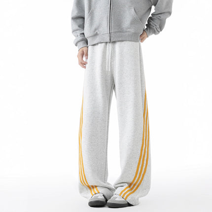 Heavyweight Track Pants for Men with Three-Stripe Pattern, Loose Straight Leg, Autumn Casual Sweatpants, Flowy Wide Leg Design