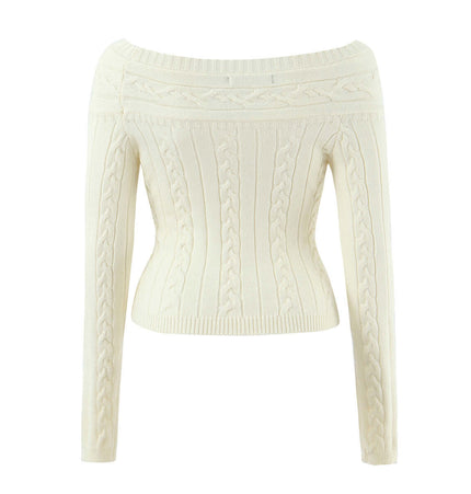 Grozavu Off-Shoulder Twists Slim Knit Sweater in cream, showcasing a stylish off-shoulder design with textured pattern.