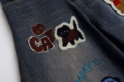 Vintage Cartoon Towel Embroidery Washed Knife-Edge Jeans Pants