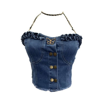 Débardeur sans bretelles ajusté en denim avec boucle