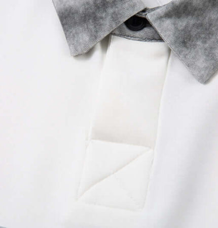 Retro Embroidered Patchwork Polo Hoodie close-up detail of collar and button.