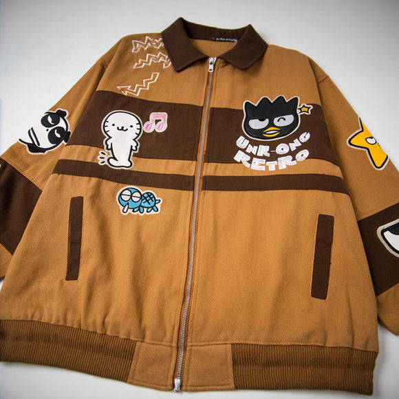 Retro Muted Street Style Fun Cartoon Embroidered Jacket Outerwear Unisex Casual Top Trendy