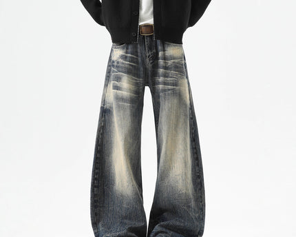 Streetwear Lightning Pattern Denim Pants Men High Street Washed Distressed Wide Leg Pants Vintage Cool Retro Knife-Edged Casual Trousers