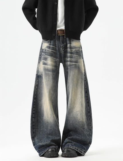 Streetwear Lightning Pattern Denim Pants Men High Street Washed Distressed Wide Leg Pants Vintage Cool Retro Knife-Edged Casual Trousers