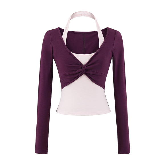 Hanging neck long sleeved T-shirt women's top