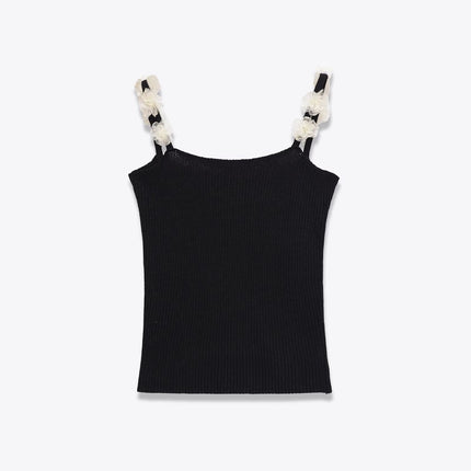 Heißes Mädchen Blumen Stricktop – Ärmelloses Rundhals-Strickkleid