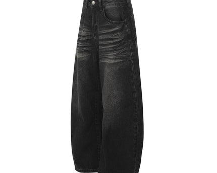 Style Washed Black Vintage Cat-Whisker Pattern Design Loose Knife Cut Jeans