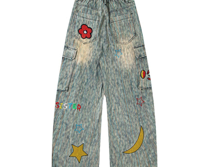 Retro Washed Star Pendant Cartoon Embroidery Loose Casual Trendy Straight Jeans for Men and Women