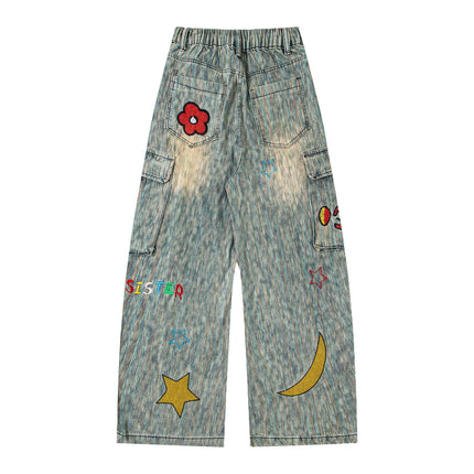 Retro Star Anhänger Cartoon Stickerei Gerade Jeans