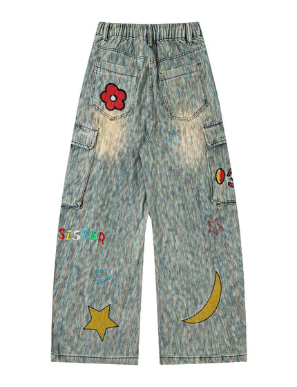 Retro Washed Star Pendant Cartoon Embroidery Loose Casual Trendy Straight Jeans for Men and Women