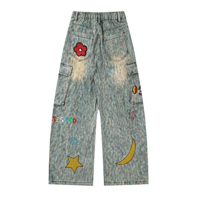 Retro Star Anhänger Cartoon Stickerei Gerade Jeans