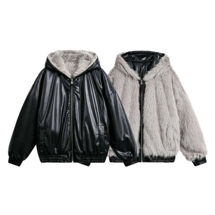 Oversized Reversible Hooded Parka in black faux leather and grey fur, showcasing versatile cold-weather styles.