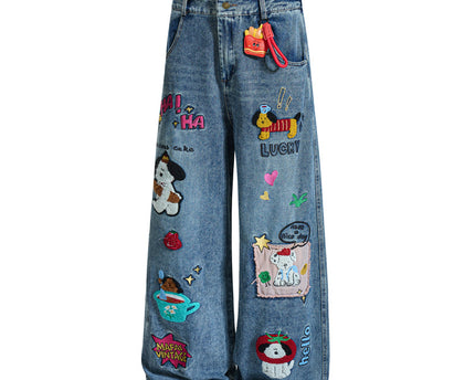 Embroidered College Style Cartoon Patch Denim Pants