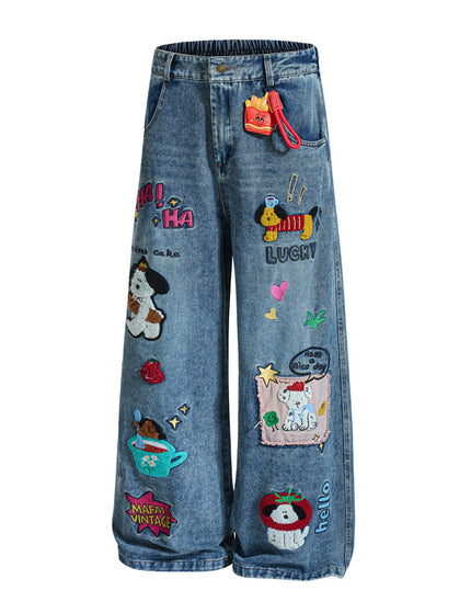 Embroidered College Style Cartoon Patch Denim Pants