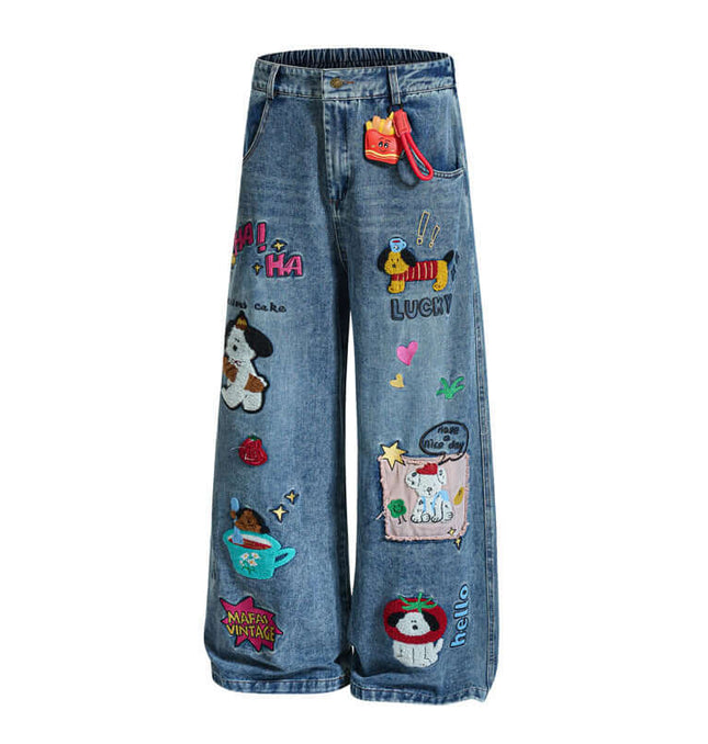 Cartoon Patch College Denim Pants