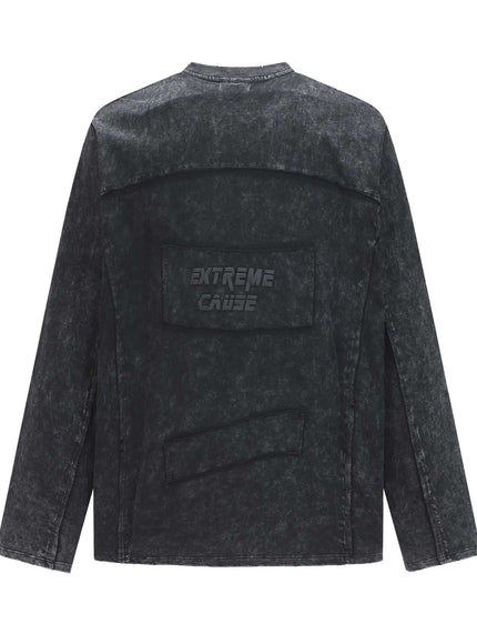 Close-up of Gray washed fringed deconstructive functional hoodie fabric