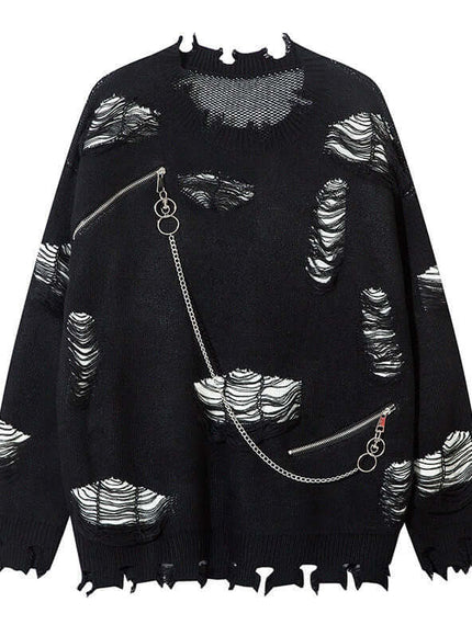 Black knitted sweater ripped chain splicing with Grozavu logo