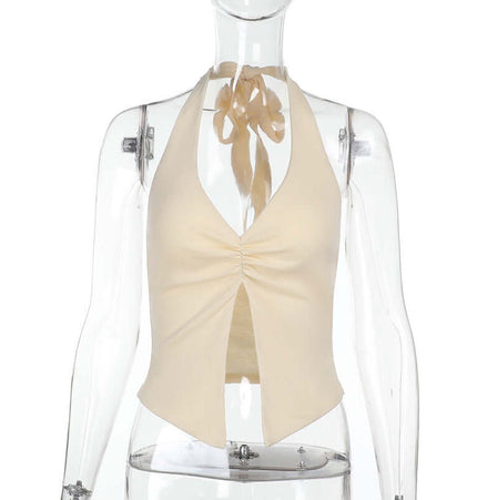 Split Neck Suspender Top – Slim Fit in cream color displayed on a mannequin, featuring a stylish split neckline.