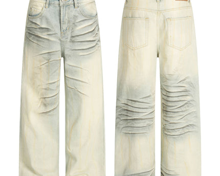 Vintage Blue Cat-Scratch Pattern Loose Fit Unisex Denim Pants