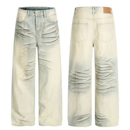 Vintage Blaue Katzenkratzmuster Lockere Passform Unisex Denim-Hose