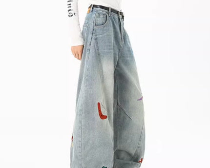 Jeans de Parchwork Divertidos de Calle Alta para Hombre, Tendencia Otoñal, Pantalones de Cuchillo Deconstruidos Bordados, Pantalones Rectos Lavados Cleanfit