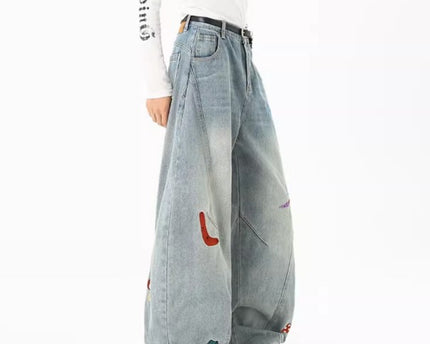 Jeans en patchwork amusants de streetwear pour hommes, tendance, déstructurés, brodés, pantalons à coupe propre, jeans droits lavés