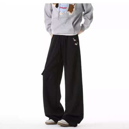 Pantaloni Felpati Ricamati con Cane - Vestibilità Ampia