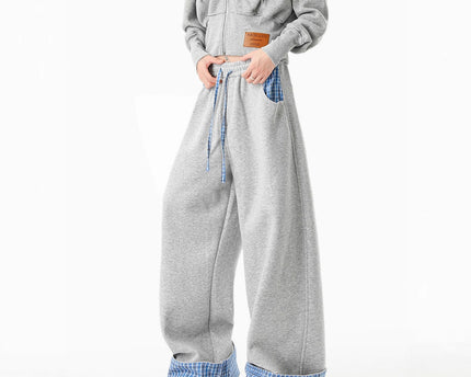 Plaid Color-Blocked Hoodie Pants for Men and Women Autumn Loose Casual Wide-Leg Pants Relaxed Fit Comfortable Sweatpants