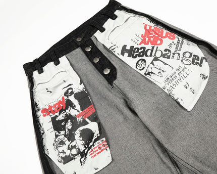 Street Style Printed Deconstructed Asymmetrical Design Loose Fit Unisex Jeans