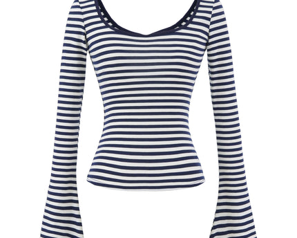 Tricou elastic cu mâneci lungi, cu dungi, de tip U-neck, strâns