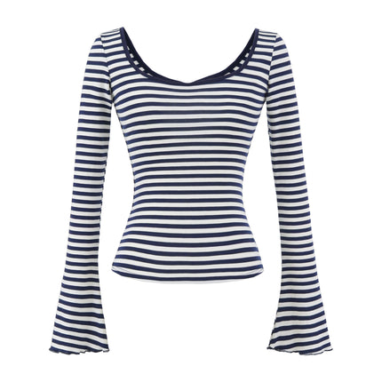 U-neck striped long sleeved elastic T-shirt tight top