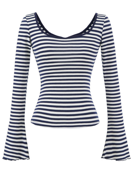 T-shirt élastique à manches longues à rayures avec encolure en U ajusté