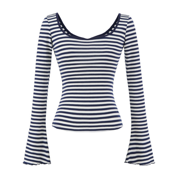 U-neck striped long sleeved elastic T-shirt tight top