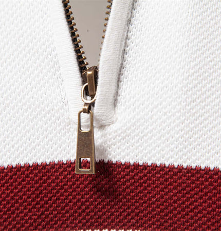 Stand Collar Half-Zip Knit Sweater detail showing the zipper and color-blocked design for autumn style.