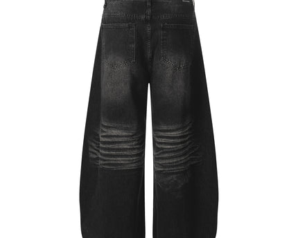 Style Washed Black Vintage Cat-Whisker Pattern Design Loose Knife Cut Jeans