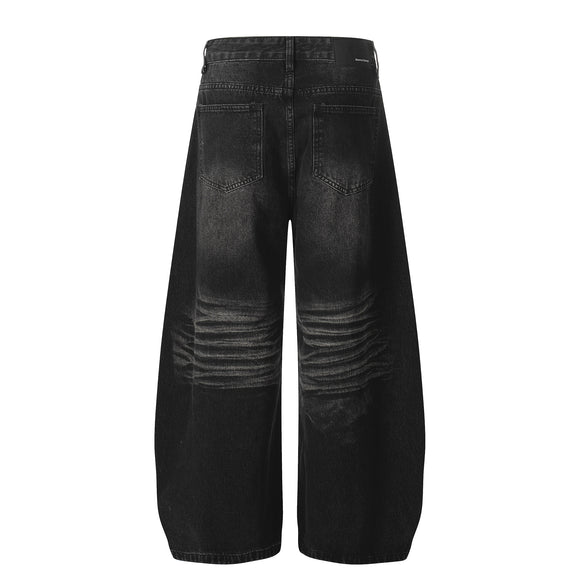 Style Washed Black Vintage Cat-Whisker Pattern Design Loose Knife Cut Jeans