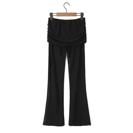 Mesh Slim Fit Hip Hugging Pants showcasing a stylish black design with flared legs and a comfortable fit.